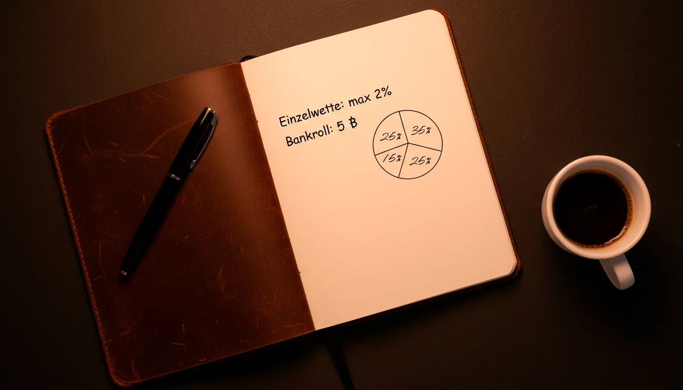 Notizbuch mit Bankroll-Management-Plan und BTC-Symbol neben einem Stift