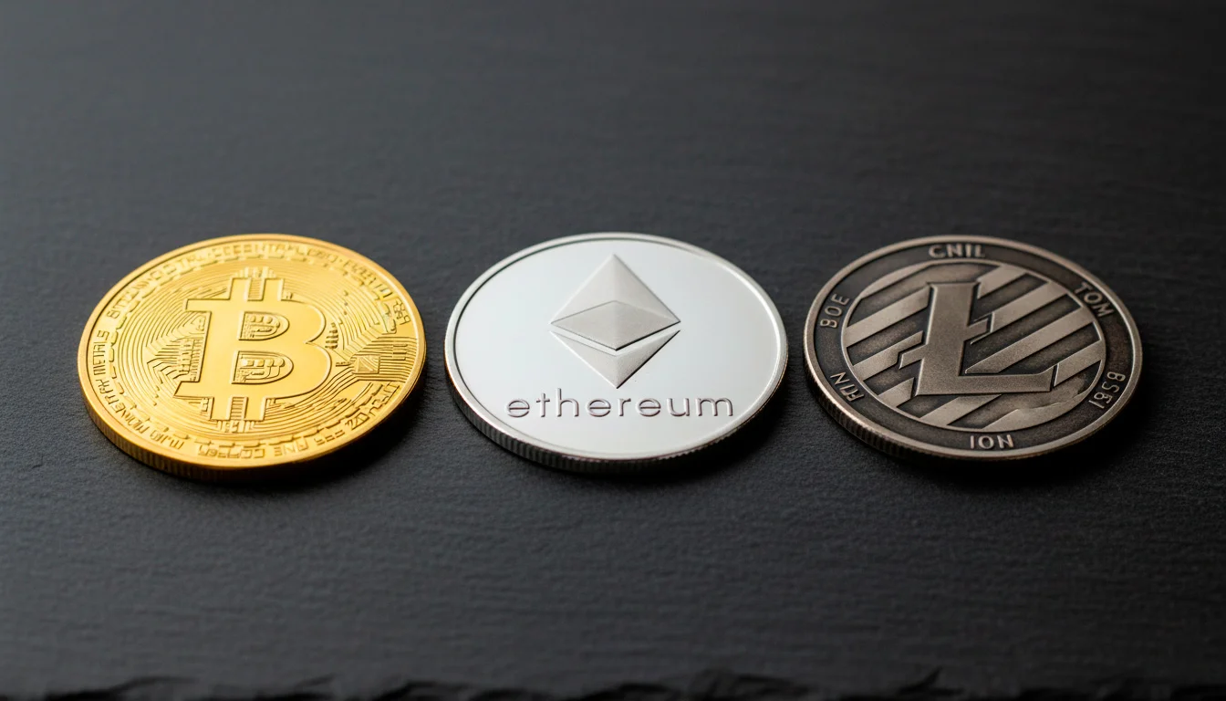 Symbolische Darstellung von Bitcoin, Ethereum und Litecoin nebeneinander