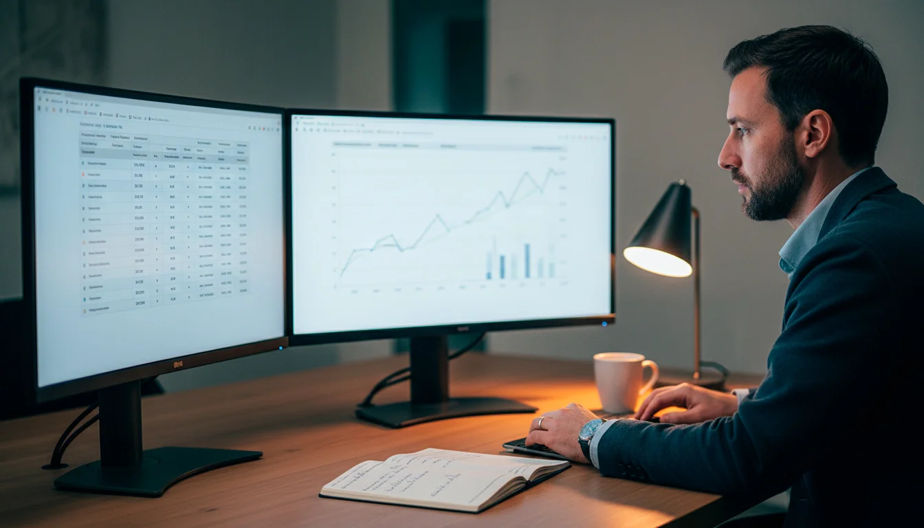 Erfahrener Sportwetter analysiert Quoten auf mehreren Bildschirmen