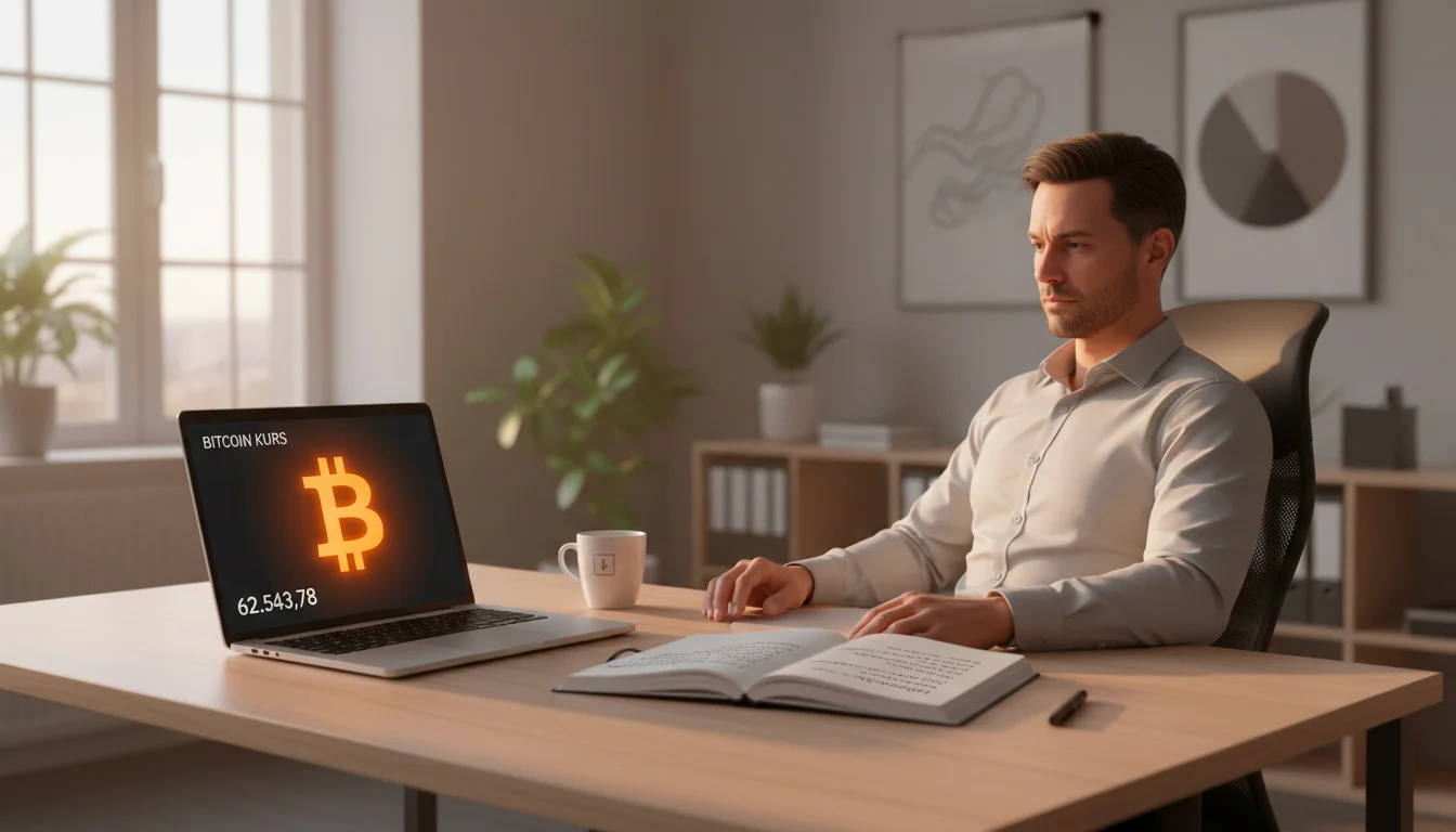 Sportwetter analysiert Bitcoin-Wettanbieter am Laptop mit BTC-Symbol auf dem Bildschirm