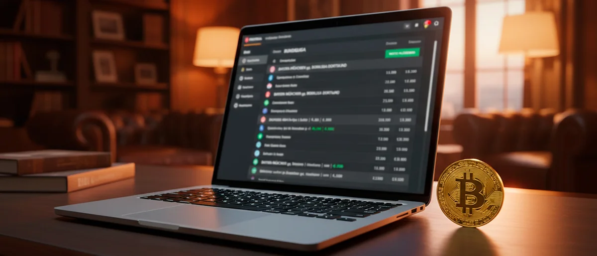 Bitcoin Sportwetten mit hohen Limits – Laptop mit Live-Wetten und BTC-Symbol