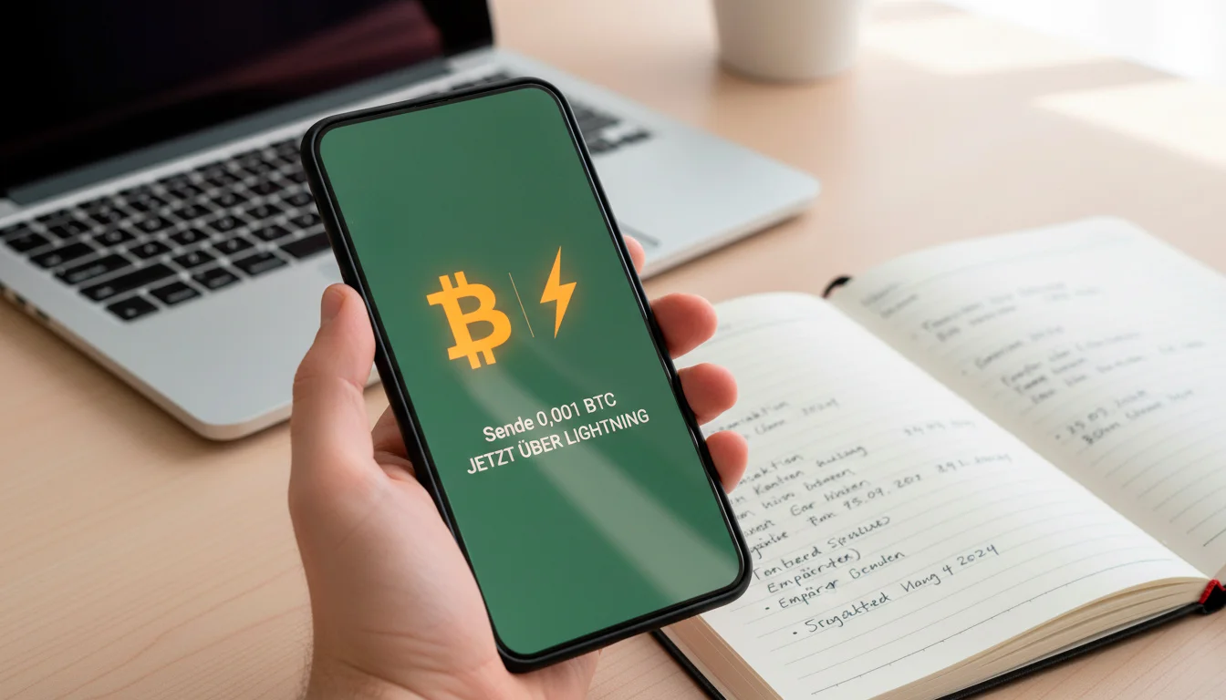 Smartphone mit Bitcoin-Sportwetten-App neben einem Laptop mit Kursdiagramm auf einem Schreibtisch