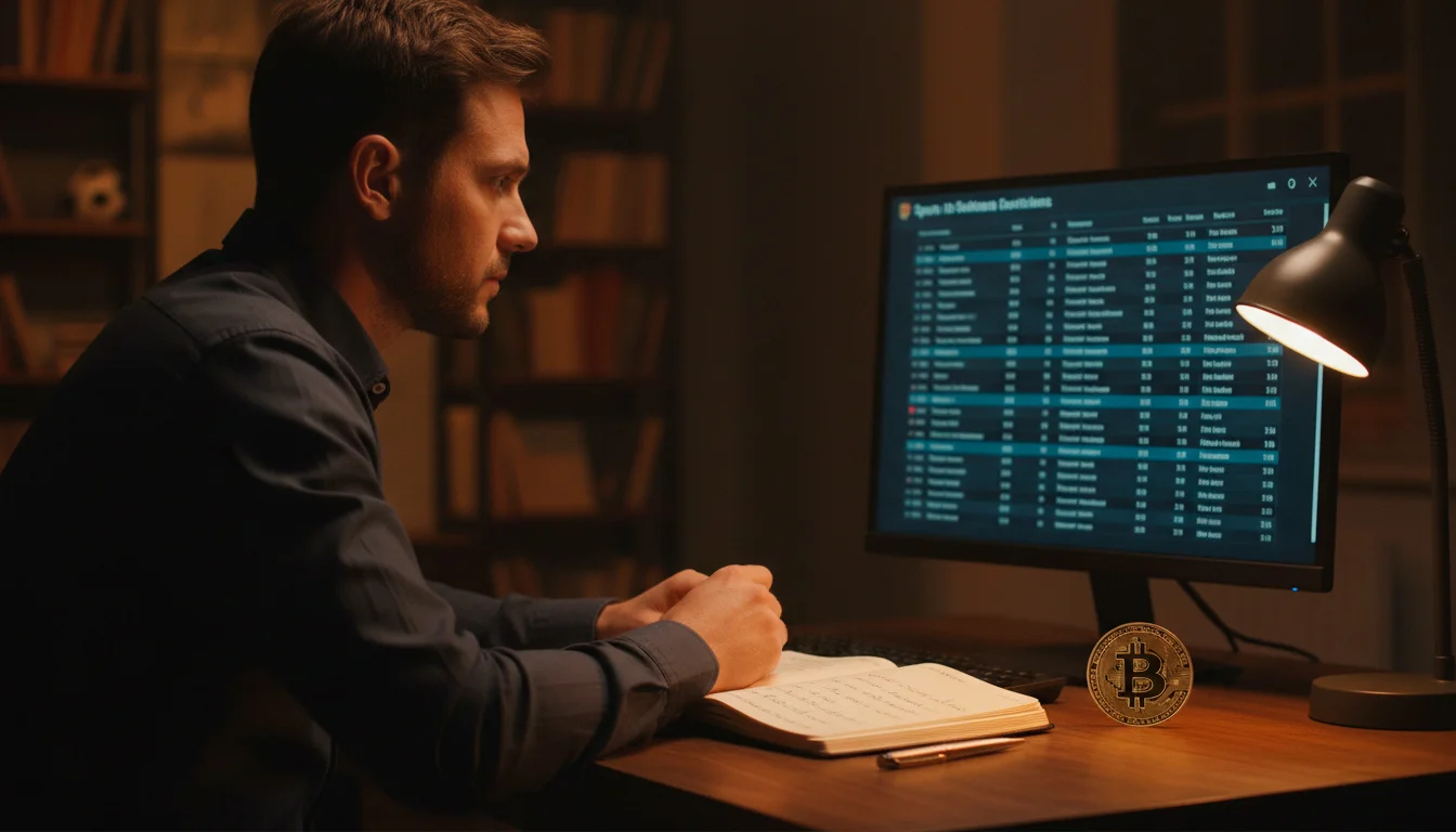Konzentrierter Sportwetter analysiert Bitcoin-Wettstrategien am Schreibtisch