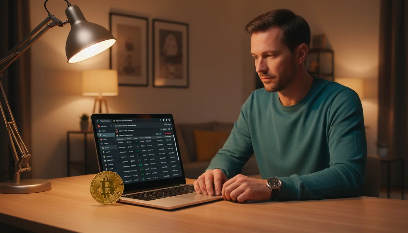 Laptop mit geöffneter Sportwetten-Plattform und Bitcoin-Münze auf einem Schreibtisch