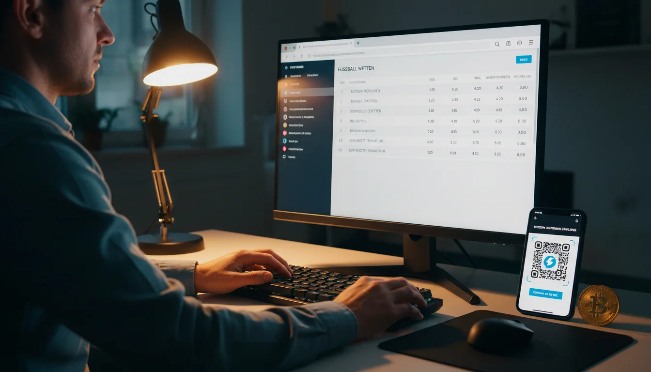 Laptop mit geöffneter Sportwetten-Plattform und Bitcoin-Symbol auf dem Bildschirm